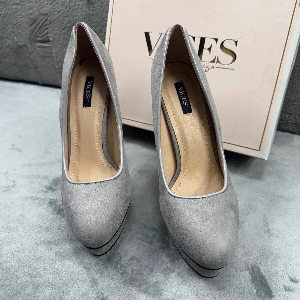 Vices Grey‎ Faux Suede Platform Pumps Stiletto Heels 1167-5 Size 37